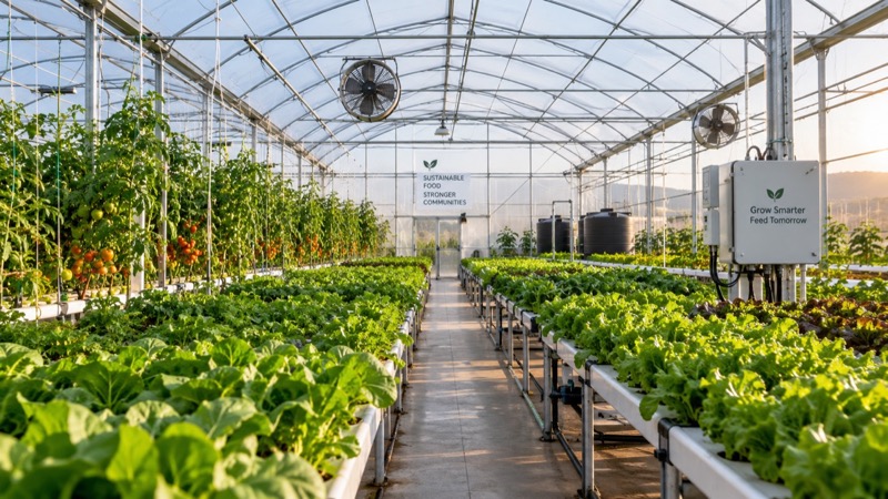 Lettuce and tomatoes growing on hydroponic benches inside a greenhouse